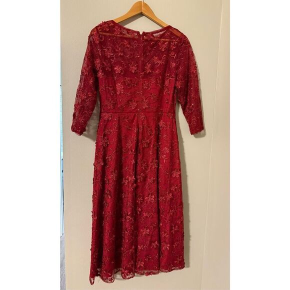 Adrianna Papell Size 6 Sequin Embroidered Midi Dress Red Mesh Overlay Evening - Picture 10 of 13